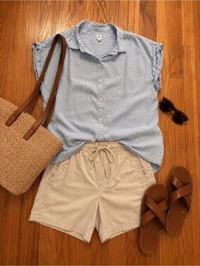 GAP Large Blue Gauze Cotton Button Front Shirt Cap Sleeve Lightweight